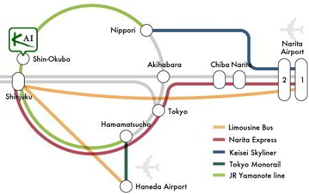Bản đồ hướng dẫn tới trường Nhật ngữ KAI từ sân bay Haneda và Narita Nhật Bản