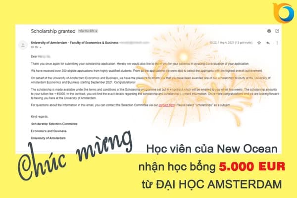 Học sinh New Ocean suất sắc nhận học bổng 5.000 EUR từ Đại học Amsterdam